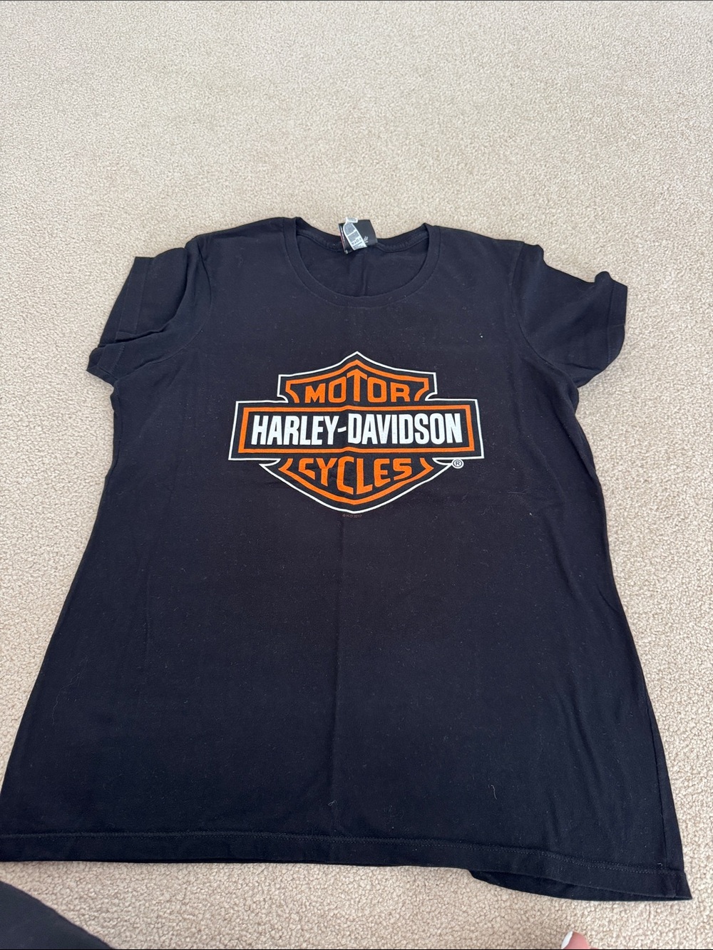 Harley-Davidson Black Tee with Orange & White Shield Graphic